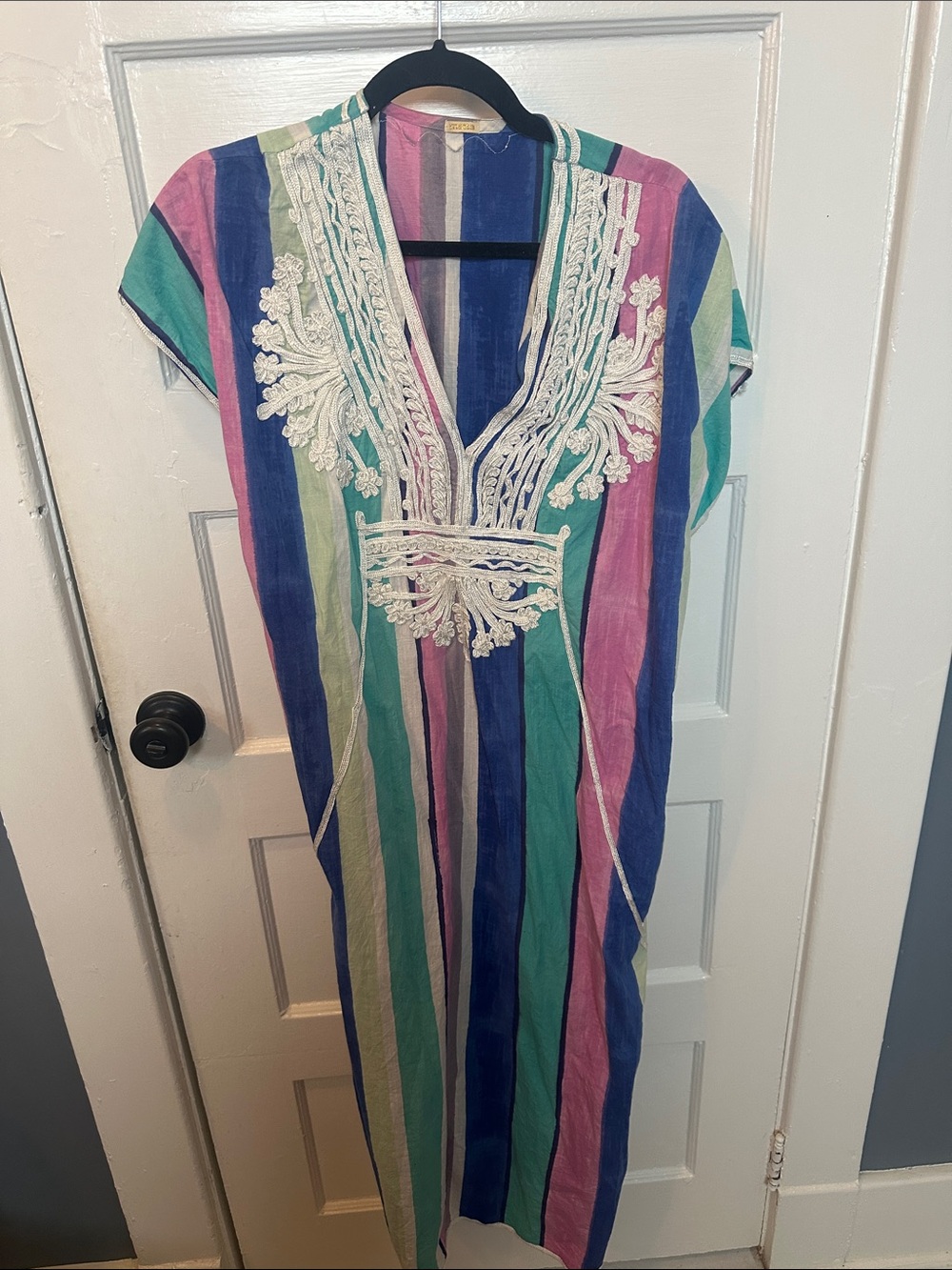Matta Multicolor Striped Caftan Dress with White Embroidery